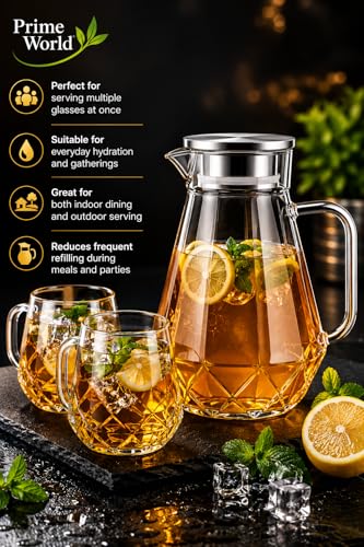 Image of PrimeWorld 1 Pc Premium Juice and Water Glass Pitcher jug with Wooden Lid and 1.1 Liter Jug Romantic Style Water jug with Handle hot Cold Water, Milk and Juice Beverage Carafes