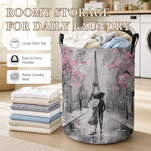 Image of Laundry Hamper, Eiffel Tower Collapsible Paris Street Laundry Baskets Waterproof Oxford Cloth With Handles, Clothes Storage Bucket For Room /Bathroom /Bedroom /Dormitories 16 inch x 20.8 inch