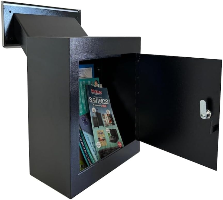 Through-The-Wall Drop Box, Heavy Duty Steel Mailbox with Lock, Rainproof & Secure Wall Mounted Deposit Safe for Mail, Rent, Checks, Cash and Keys, Adjustable Chute Fits 5.5" to 10" Wall Thickness