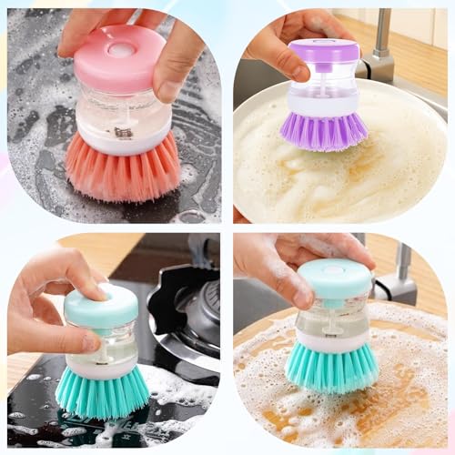 Image of ElevateTech Dish Brush with Soap Dispenser, 3 Pcs Soap Dispensing Brush Dish Soaps Scrubber Brushes Kitchen Scrub Brushes for Cleaning Dishes Pot Pan Sink (Pink /Purple /Green)