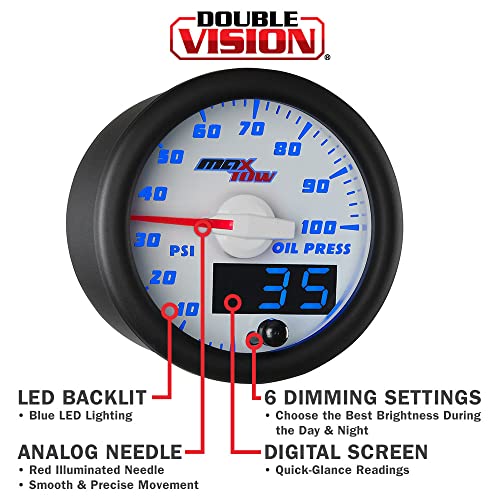 MaxTow Double Vision 100 PSI Oil Pressure Gauge Kit - Includes Electronic Sensor - White Gauge Face - Blue LED Illuminated Dial - Analog & Digital Readouts - for Trucks - 2-1/16" 52mm - Image 4
