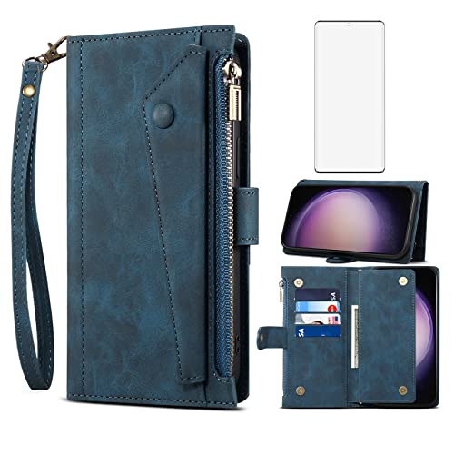 Étui portefeuille Samsung S23 Ultra anti-chute avec fermeture éclair et verre trempé bleu