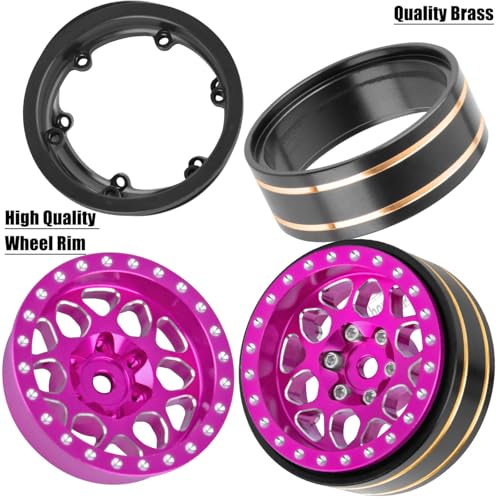 hopsupRC 1.3\" Wheel Tires for 1/18 1/24 Trx4m SCX24 RC Crawler,(4PCS),1.3 Beadlock Aluminum RC Wheel Rims Brass Rings All Terrain RC Tires,Pink - Thumbnail 5