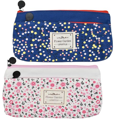 Image of Maydahui 2 PCS Flower Garden Pencil Case Large Capacity Canvas Pastoral Style Pen Pouch Holder Storage Bag Organizer Stationery Box Makeup Pouch Cosmetic Bag for Women Students Party Travel