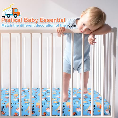 Image of JISEN Baby Fitted Crib Sheets for Boys Girls 52x28 Inch Blue Trucks