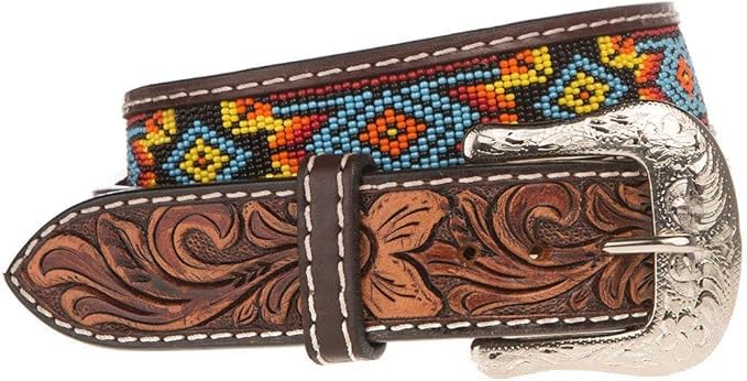 Western Handmade Beaded Men's Leather Belt Quality Thick Durable Wax Colorful Designs Cowboy Style Alloy Classic Fitted Casual Formal Wear in Pant Trouser Jeans Size: Waist 31-34in - Length 39in2