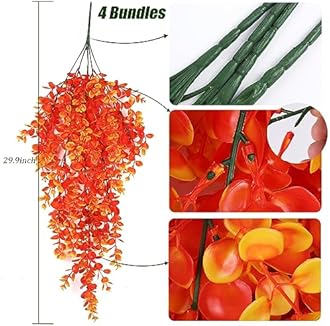 RECUTMS Faux Eucalyptus Leaf Artificial Hanging Plants 4 Pack Greenery Fake Plant for Wall House Room Patio Indoor Outdoor Home Shelf Office Decor (Gold)