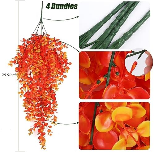 RECUTMS Faux Eucalyptus Leaf Artificial Hanging Plants 4 Pack Greenery Fake Plant for Wall House Room Patio Indoor Outdoor Home Shelf Office Decor (Gold)