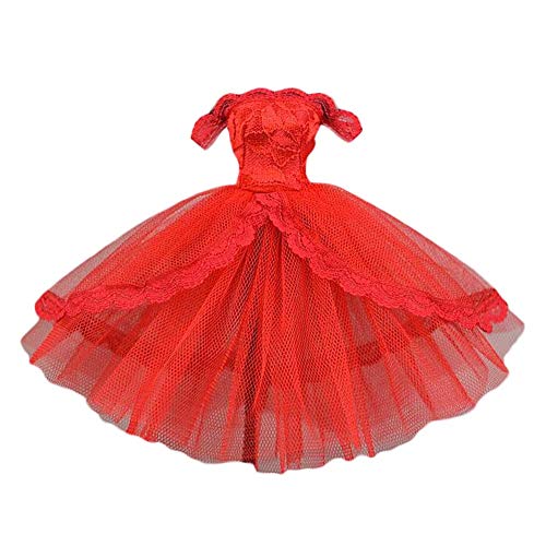 Gentle Meow Handmade Red Lace Party Doll Dress Off Shoulder Bubble Wedding Dress Doll Clothes Doll Dress for 11.5 inch Doll