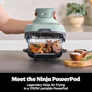 Ninja CRISPi Portable Air Fryer, 3.8L, 4-in-1: Air Fry, Roast, Keep Warm, Recrisp, Space Saving Compact Design, 2x Removable Glass Containers & Lids, 1700W, Sage FN101UKSG