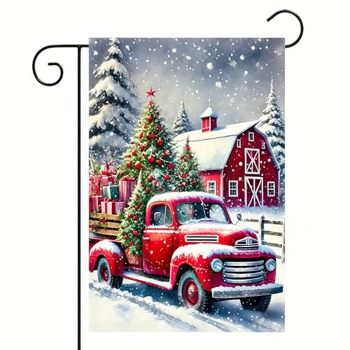 Image of BlissYard Christmas Garden Flag 12x18 Inches - Double-Sided Red Vintage Truck with Christmas Tree and Barn Design, Weatherproof Holiday Outdoor Decoration for Lawn, Garden, and Pathways