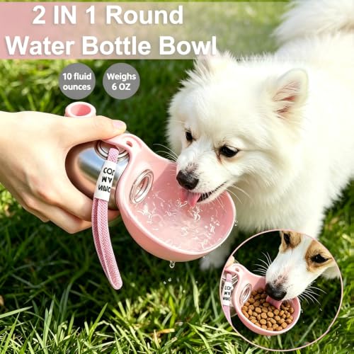 Image of Dog Water Bottle Portable, 2in1 Round Dog Water Bowl Stainless Steel 10oz