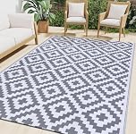 smiry Outdoor Rug Waterproof Garden Rugs UV-Resistant Outside Patio Carpet Reversible Plastic Straw Mat for Balcony, Camping, Picnic, Backyard - 120 x 180 cm, Grey & White