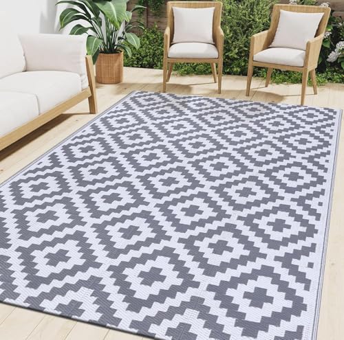 smiry Outdoor Teppich Wasserfest Balkon Camping Teppiche UV-beständig Waschbar Außenteppich Draussen Wendbarer für Terrasse Garten Wohnmobil - 120 x 180 cm Grau & Weiß