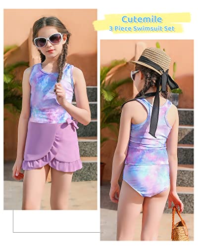 Image of Girls Swimsuit 3 Piece Bathing Suit Quick Dry Tankini Set with Cover Up Beach Skirt Tankini Swimwear 5-16 Years