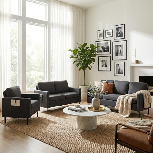 Image of STHOUYN Modern 3-Piece Living Room Set, 72 inch Grey 3 Seater Couch and 56 inch Loveseat with USB Ports, Small Couch and Chair Set for Small Space, Apartment, Office (Grey, 1 Chair + 1 Loveseat + 1 Couch)