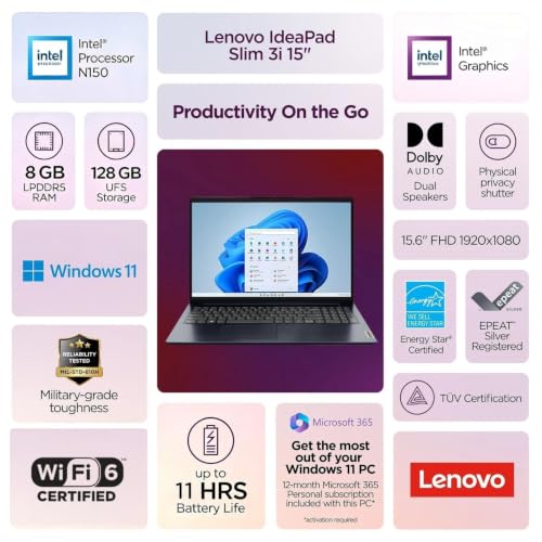 Image of Lenovo IdeaPad Slim 3 15.6 inch FHD Business Laptop, 2026 Edition, Intel N150 Processor, 8GB DDR5 RAM, 128GB SSD, Windows 11 with Microsoft 365, Portable Computer for Everyday Use