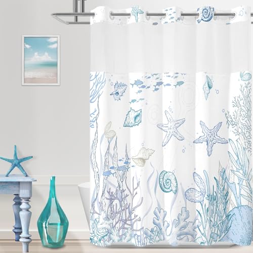 TWLSNCD No Hook Shower Curtain with Snap in Liner, Beach Ocean Nautical Coastal Shower Curtains and Liner Set for Bathroom, Seashell Hotel Fabric Bath Curtain, Waterproof Washable, Blue 71