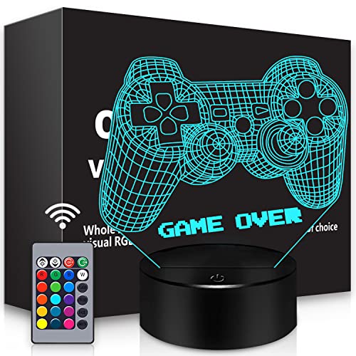 Image of BASSI 3D Gamepad Night Light Game Over Light Game Controller Console Illusion Lamp for Kids Gamer Room Decor, 16 Color Changing with Remote Timer, Christmas Birthday Gifts for Boys Girls