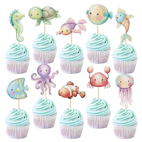 Ercadio 20Pcs Ocean Animal Cupcake Toppers Under the Sea Turtles Octopus Cupcake Picks Seahorse Coral Cake Decorations for Under the Sea Theme Baby Shower Birthday Party Supplies