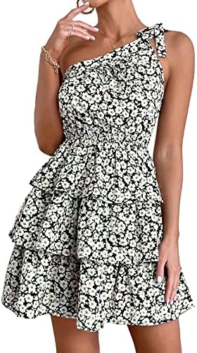 PRETTYGARDEN Women's Summer Tie One Shoulder Boho Floral Dress Elastic Waist Tiered Ruffle A Line Flowy Mini Dresses (Black White,Small)