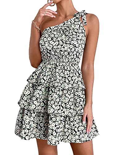 Prettygarden Women's Summer Tie One Shoulder Boho Floral Dress Elastic Waist Tiered Ruffle A Line Flowy Mini Dresses (Black White,Small) #TOP2