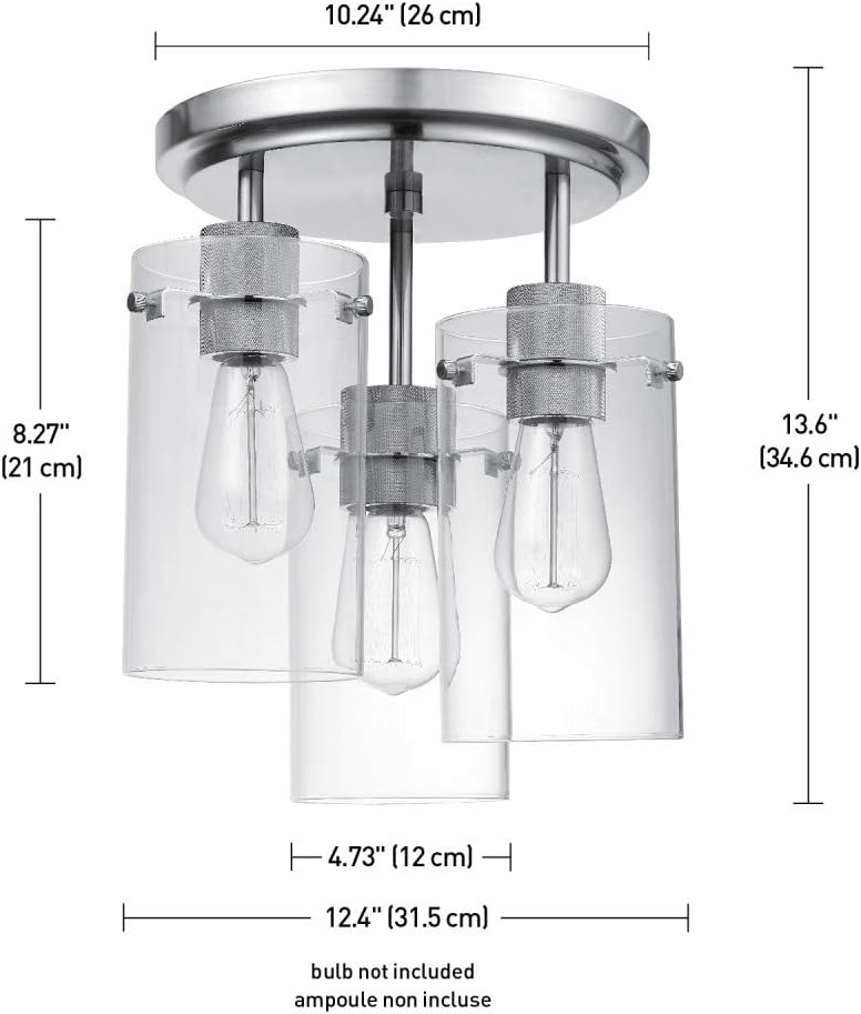 Globe Electric 60338 3-Light Semi-Flush Mount Ceiling Light, Brushed Steel, Clear Glass Shades, Ceiling Light Fixture, Light Fixtures Ceiling Mount, Bedroom Lights for Ceiling, Home Improvement
