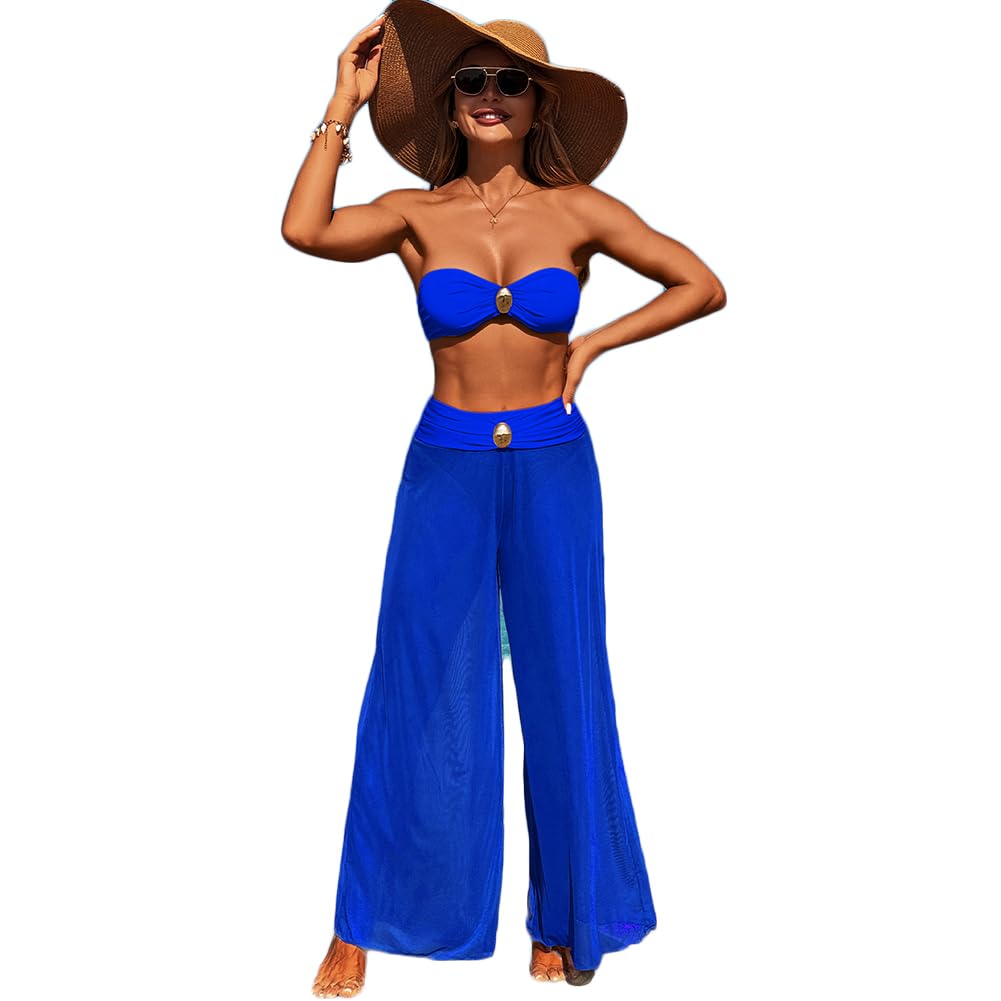XYFfybhsd Three Piece Women's Bikini Swimwear Beachwear Sexy Swim Wear With Mesh Long Pants Bikinis & Beachwear(Size:M,Color:Blue 2)