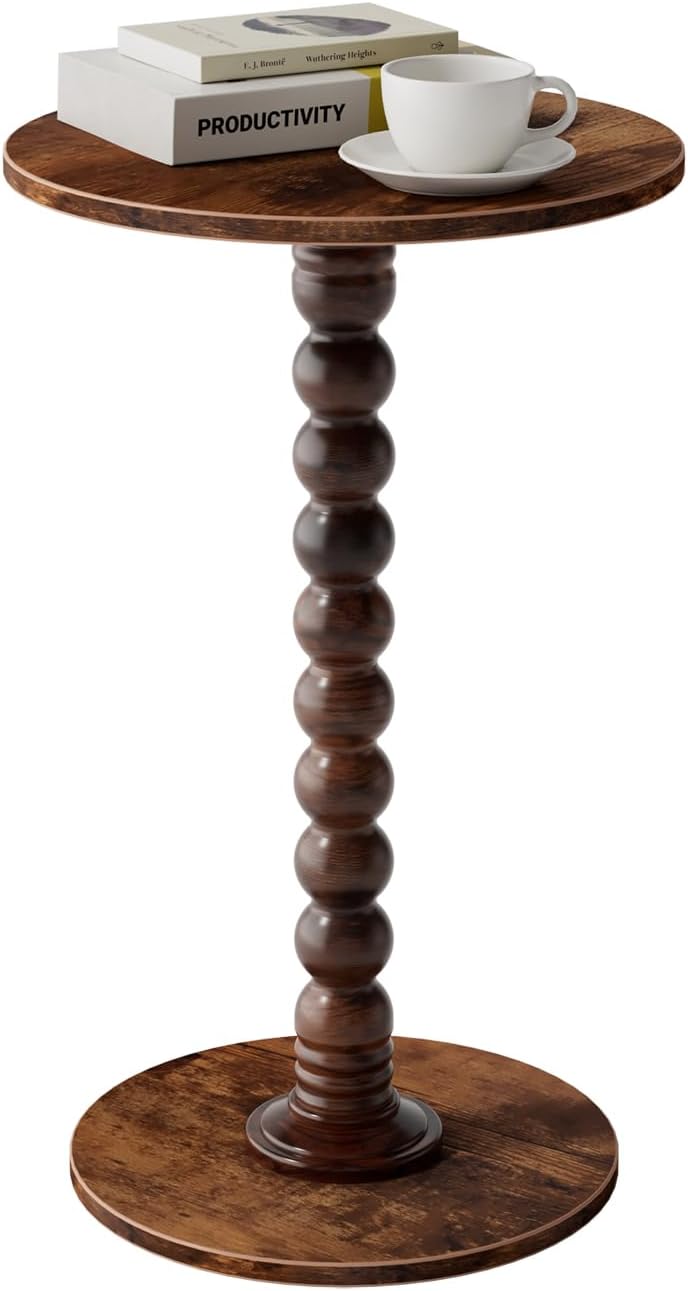 Yaoyiizy Small Round Drink Table for Small Spaces - Modern Walnut Grain Side Table Nightstand with Solid Wood Legs, Brown 11.8"