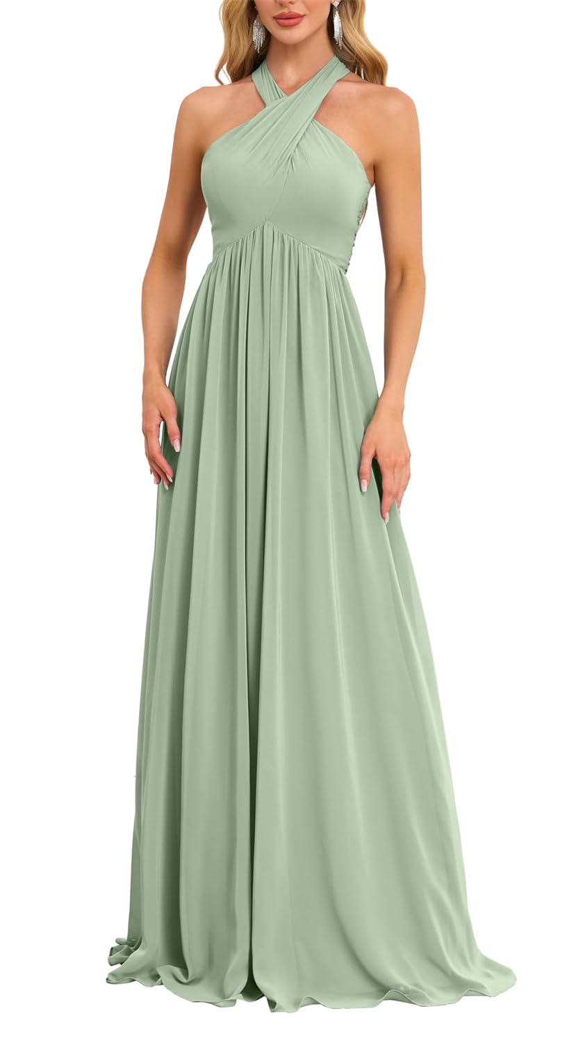 Hppee Women's Dusty Sage Halter Bridesmaid Dress For Wedding Corset A Line Chiffon Formal Evening Dresses Prom Gown Uk18