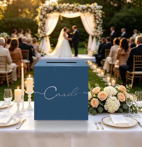 Image of HEIPINIUYE Navy Blue Wedding Card Box with Silver Foil 9.8 inch x 9.8 inch Navy Large Gift Card Box for Party Wedding Reception Graduation Birthday Baby Shower Cardboard Raffle Envelope Box with Slot