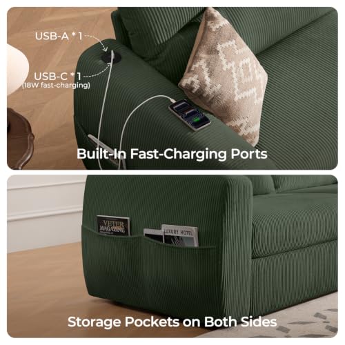 Image of 88.6 inch Modern Storage Loveseat Sofa, Small Couches for Living Room, Green | Corduroy, USB Charging, Pull-Out Storage, Deep Seat, Comfy Love Seat for Small Spaces, Apartment, Bedroom, Dorm, Office