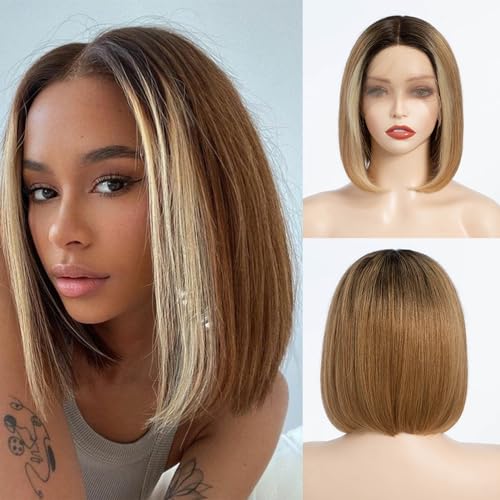 FASHION IDOL Curly Lace Front Bob Wigs for Women Human Hair Short Deep Wave wig Side Part Shouder Lenth Wig Pre plucked with Baby Hair Natural Black 150% Density (8 Inches, TTHL4/27/613)
