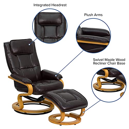 Flash Furniture Contemporary Adjustable Recliner And Ottoman With Swivel Maple Wood Base In Brown Leathersoft #TOP5