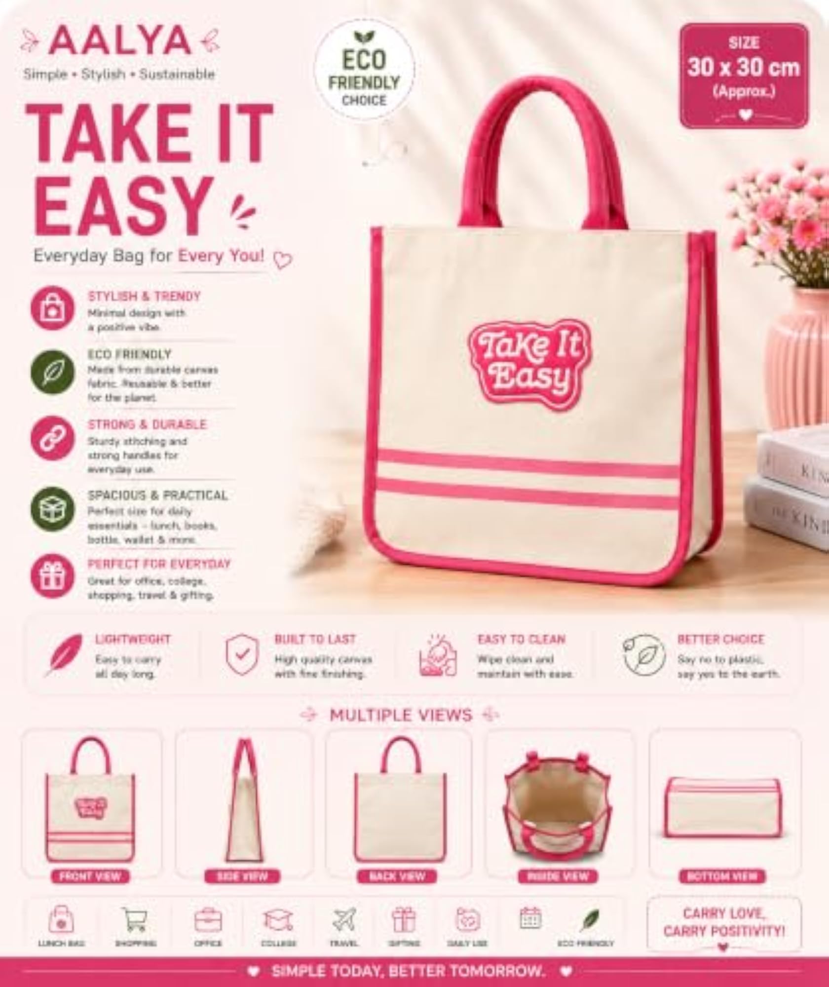 Canvas Tote Bag with 'Take It Easy' Patch, Pink Trim