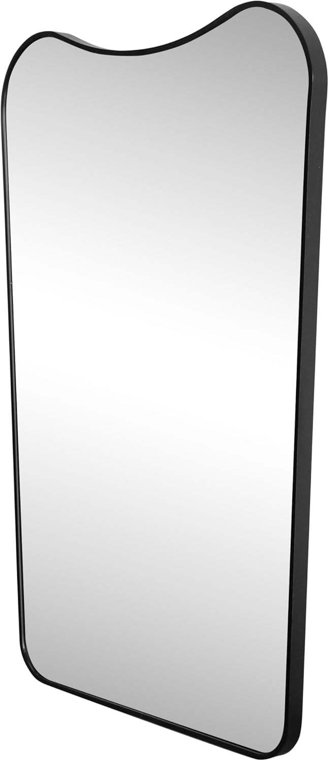 JONATHAN Y Alfie 24" x 36" Black Irregular Wavy Metal Framed Wall Mounted Mirror with Flat Bottom, Decorative Dressing Design for Bedroom and Entryway MIR212A