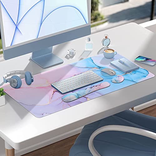 Anyshock Mouse Pad Wrist Support, Pink Desk Mat, Keyboard Wrist Rest, 3 In 1 Ergonomic Gaming Mouse Pad Large (35.4 X 15.7 Inch) Set With Non-Slip Rubber Base Desk Pad For Home, Office (Blue Marble) #TOP6