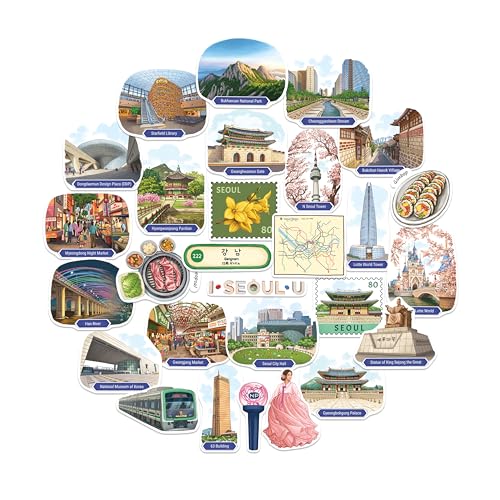Navy Peony Autocollants de Voyage Énergétiques Séoul (28pcs) – Gouache, Printemps, Corée du Sud, Stickers sur le thème de la ville coréenne pour carnets et journaux