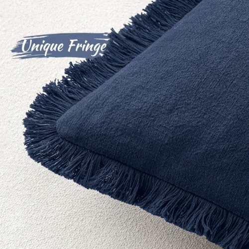 Image of MIULEE Boho Linen Fringe Decorative Throw Pillow Covers Dark Navy 20x20 | Set of 2, Cottagecore Decor, Boho Farmhouse Coastal Pillow Covers, Rustic Couch Cushion Cases for Sofa Bed Living Room