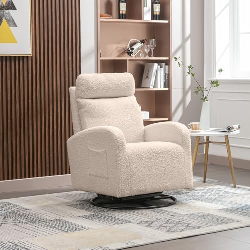 Image of KINFFICT Modern Swivel Glider Chair, Upholstered Accent Glider Rocker for Baby Nursery, Comfy Tall Back Rocking Armchair with Side Pocket and Headrest for Living Room, Bedroom, Beige