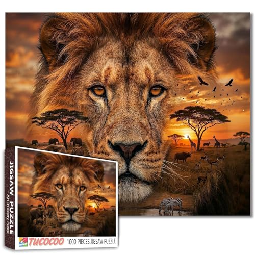 African Lion Puzzle Wildlife Jigsaw Elephants Zebras Giraffes Birds Flying Savanna Sunset 1000 Pieces Puzzles for Adults Beginner… – Ansicht 1