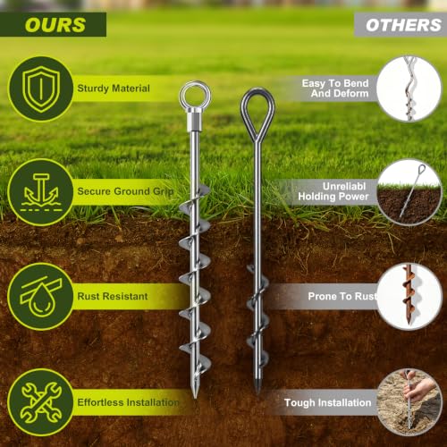 Image of Eurmax USA 4-Pack Screw in Ground Anchors,Detachable Spiral Tent Stakes,Heavy Duty Rust Proof Metal Trampoline Anchors with Drill Bit Adapter&T-Handle Tool for Canopy,Tent,Trampoline,Swing Set(Silver)