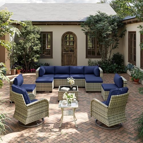 Image of Outdoor PE Wicker Rattan Modular Patio Sectional Sofa Set | 12-Piece: 6 Modular Seats, Coffee Table, 2 Swivel Rocking Chairs, Side Table & 2 Ottomans, Navy Blue