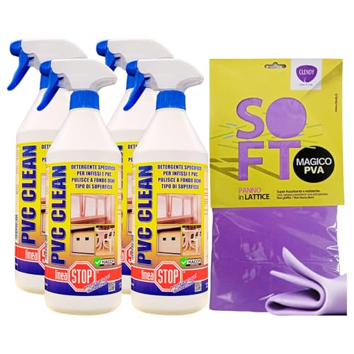 SET: 4x Detergente Spray PVC CLEAN, Specifico Per Infissi e Pvc. Pulisce a Fondo Ogni Tipo Di Superficie 750ml + Panno In Lattice SOFT, Formato 30x30