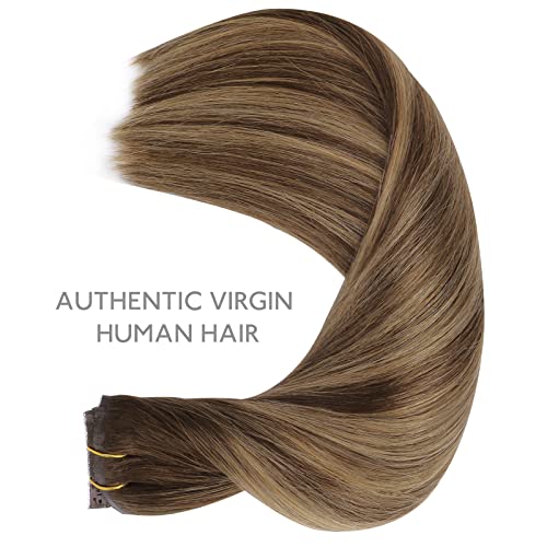 Image of WENNALIFE Lace Seamless Clip in Hair Extensions Human Hair 7pcs Ultra Invisible 50% Thinner Seamless Clip Ins Balayage Chocolate Brown to Caramel Blonde Natural Remy Hair 22 inch