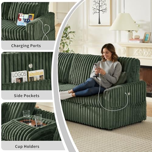 Image of KCGKCG 81 inch Sleeper Sofa Bed with Storage Chaise & USB Charging, Plush Corduroy L-Shaped Pull Out Couch Bed, Sectional Couches for Living Room with Cup Holder, Side Pocket(Green)