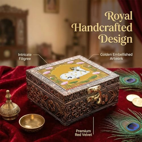 Image of Kamdhenu Wooden Jewellery Box | Handcrafted Decorative Storage Organizer | Traditional, Multipurpose Keepsake Box for Rings, Earrings & Small Accessories | Golden, Pack of 3