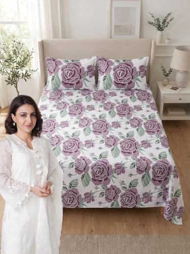 Image of Mafatlal 144 TC Cotton Double Bed Sheet, Floral Print Pure Cotton Double bedsheet, 90x100 inches Size Bed Sheet Double Bed, Full bedsheet chadar Set|Dusty Purple