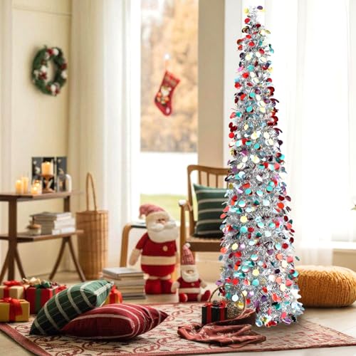 Árbol de Navidad Pop up retráctil de 150 cm con Lentejuelas Coloridas y Luces LED, árbol de Navidad Artificial Plegable Plateado para Apartamentos, Espacios pequeños y decoración navideña