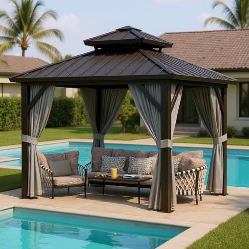 10x10ft Double Roof Hardtop Gazebo, Heavy Duty Galvanised Steel Hardtop Pavilion with Nettings and Curtains, Aluminum Gazebo for Patio, Terrace, Lawn and Deck, Grey